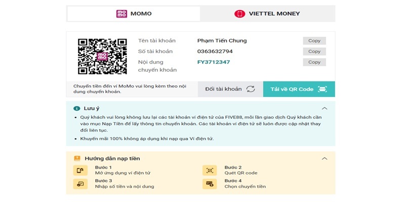 Hướng dẫn người chơi gửi tiền Five88 bằng ví điện tử